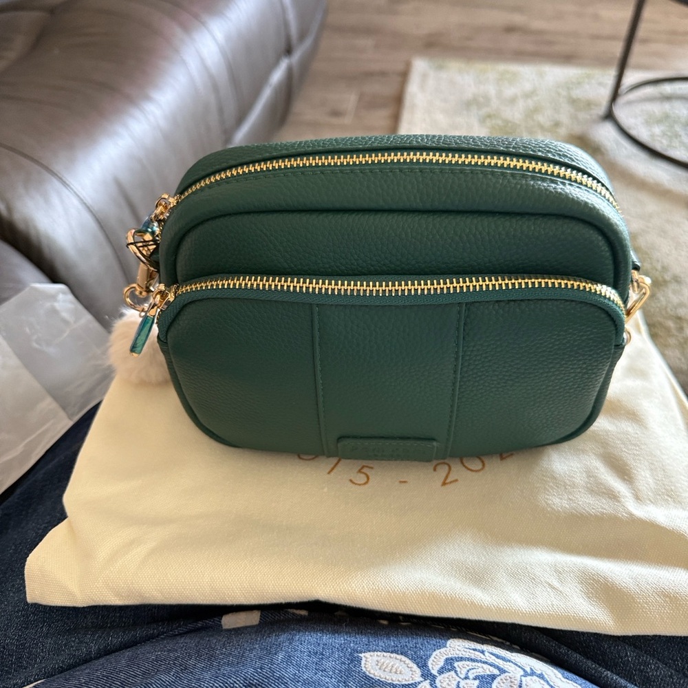 Pom Pom London Madeira Green Leather Double-Zip Women's Crossbody Bag